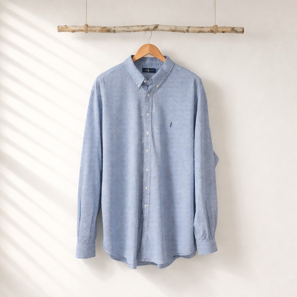 Polo Ralph Lauren Gingham Button Down Shirt Blue White 3XLT Tall Mens Cotton